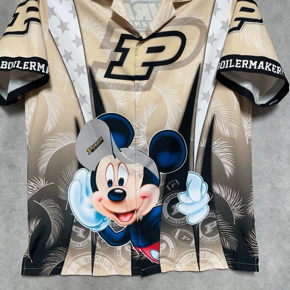 Purdue Boilermakers Shirt Men M Tan Black Mickey Mouse Hawaiian Button Up NCAA